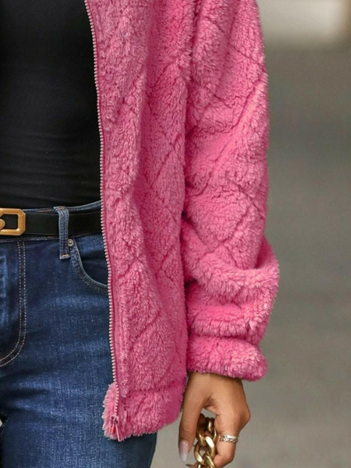 Fuzzy zip-up jacket with pockets - Love Salve
